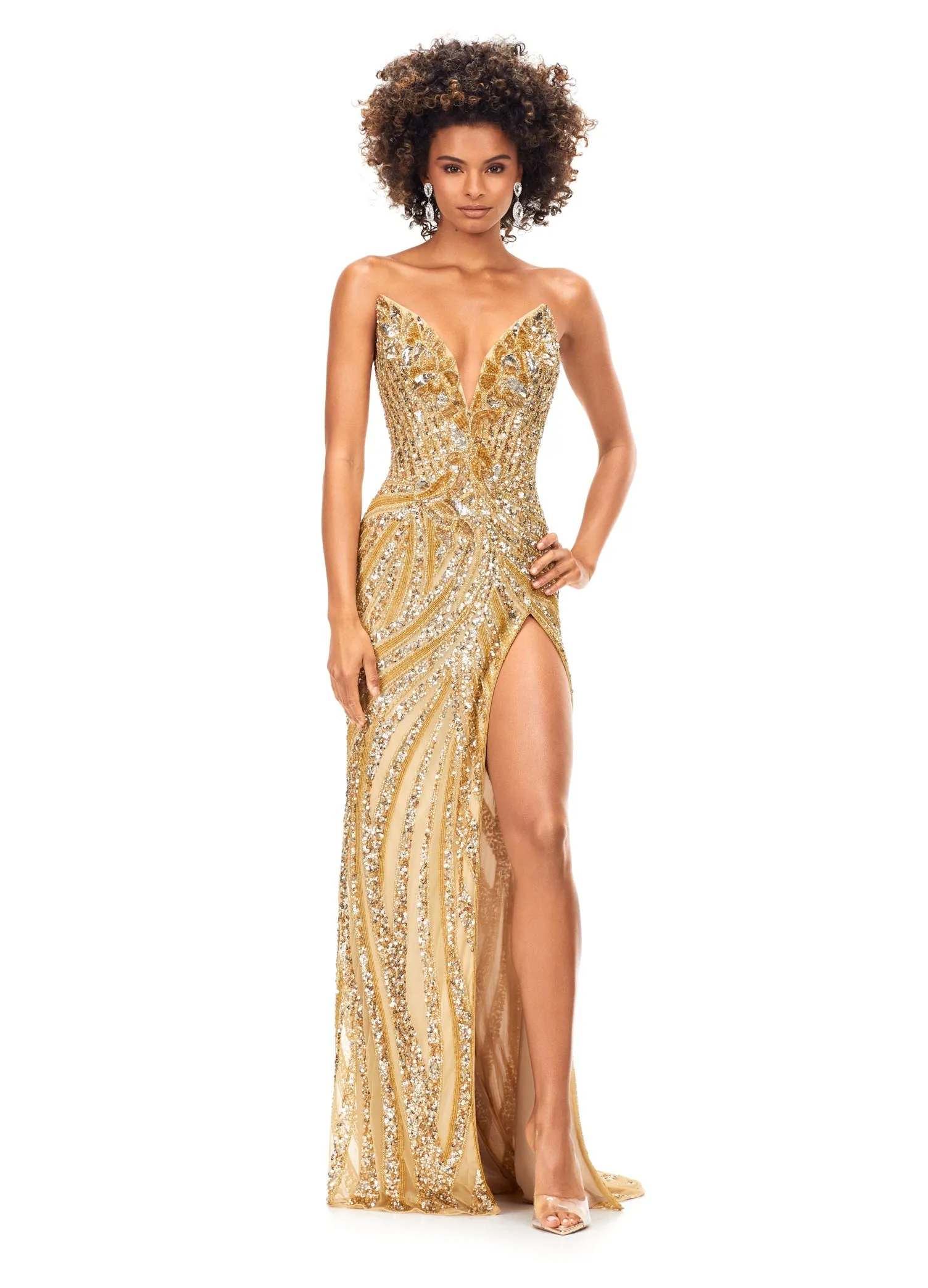 Ashley Lauren 11236 Size 00,0,6 ROYAL Long Fitted V Neck Slit Beaded Sequin Prom Dress Pageant Gown