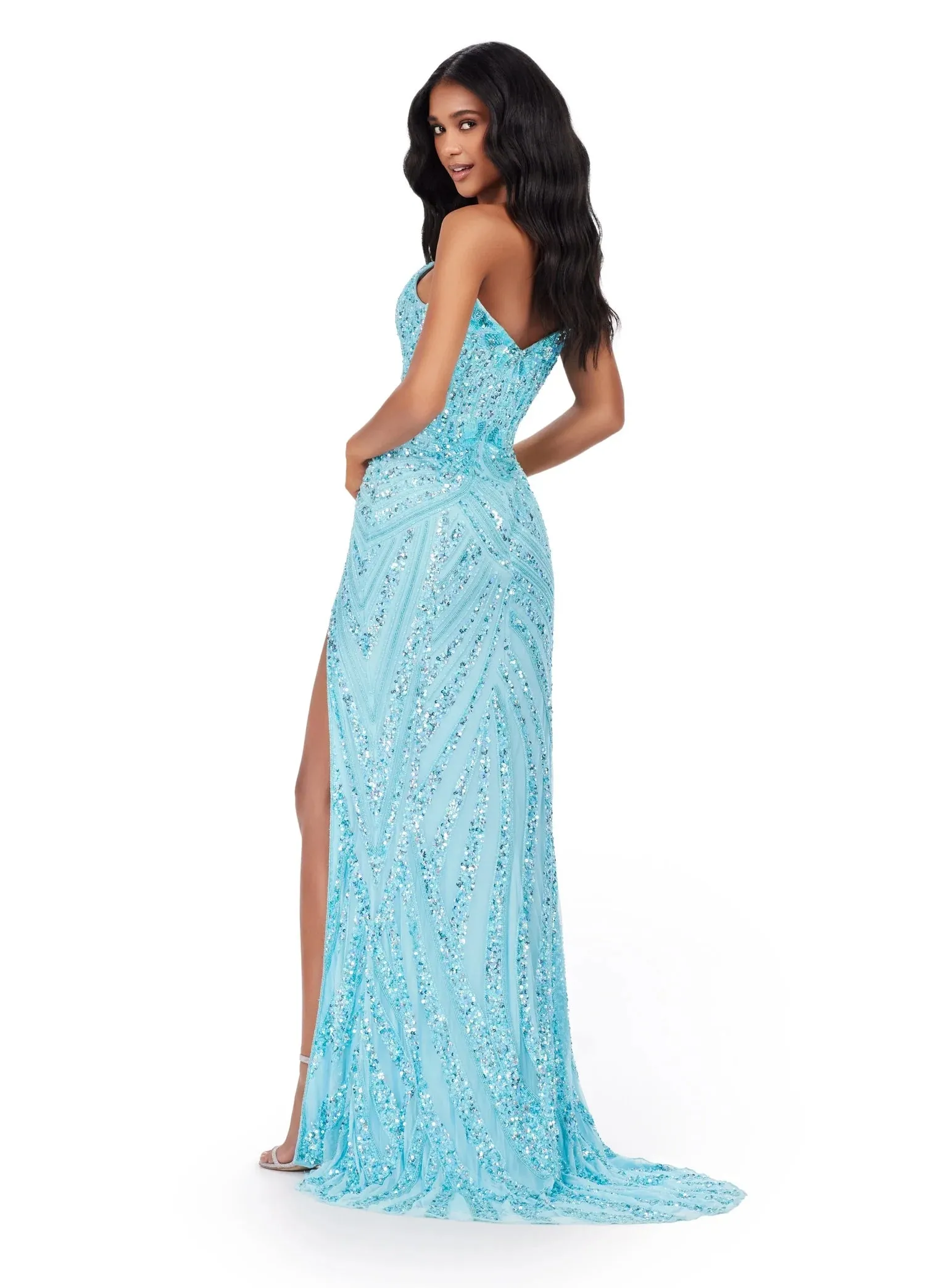 Ashley Lauren 11236 Size 00,0,6 ROYAL Long Fitted V Neck Slit Beaded Sequin Prom Dress Pageant Gown