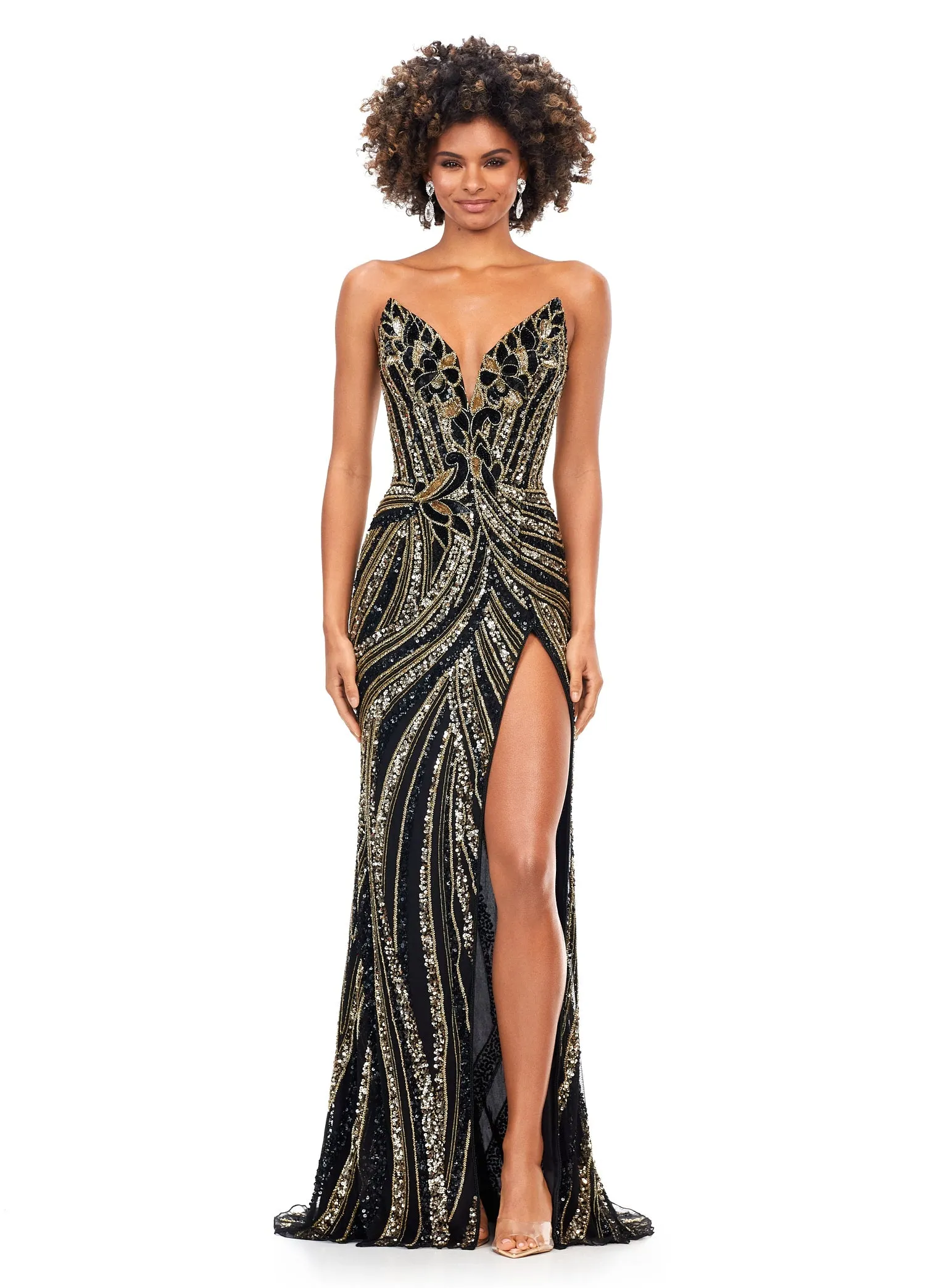 Ashley Lauren 11236 Size 00,0,6 ROYAL Long Fitted V Neck Slit Beaded Sequin Prom Dress Pageant Gown