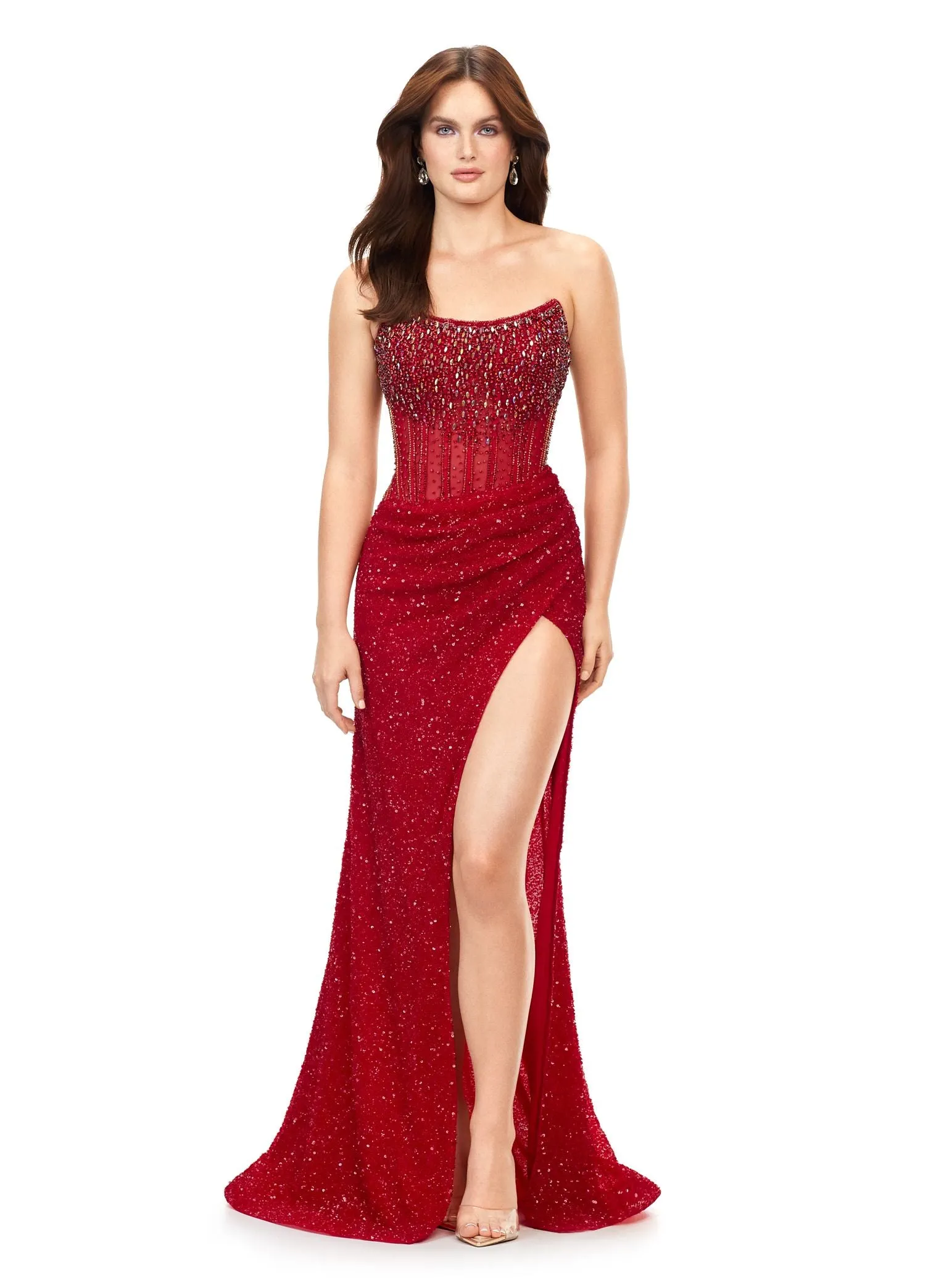 Ashley Lauren 11238 Size 6 Gold Sheer Corset Crystal Sequin Dress Prom Gown strapless Formal Wrap