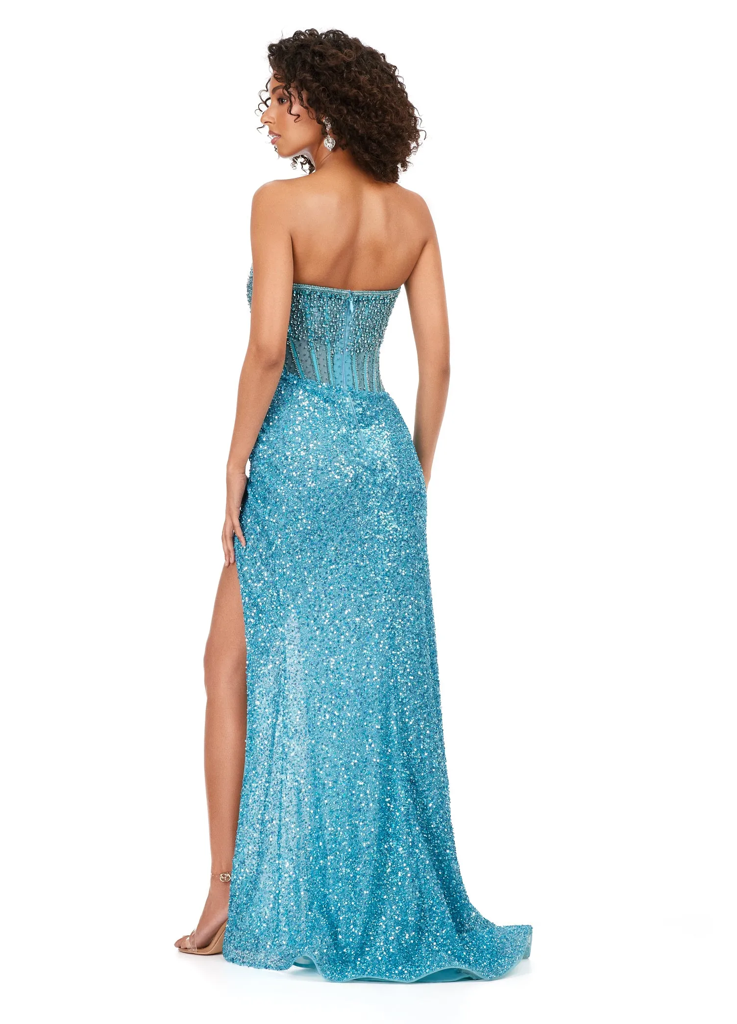 Ashley Lauren 11238 Size 6 Gold Sheer Corset Crystal Sequin Dress Prom Gown strapless Formal Wrap