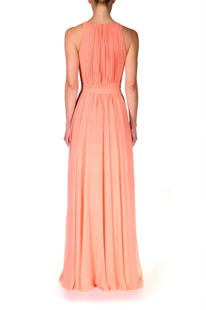 Badgley Mischka jewel neck sleeveless tie waist zipper closure georgette grecian gown