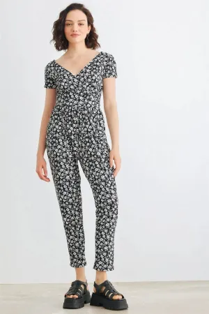 Black & White Floral Wrap Neck & Back Short Sleeve Two Pocket Jumpsuit /2-2-2