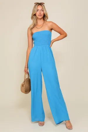 Blue Smocked Wide Leg Jumpsuits With Pockets