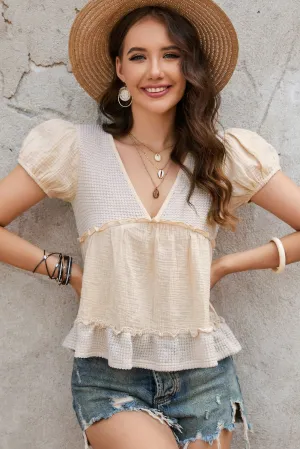 Bohemian Deep V-Neck Frill Trim Babydoll Blouse