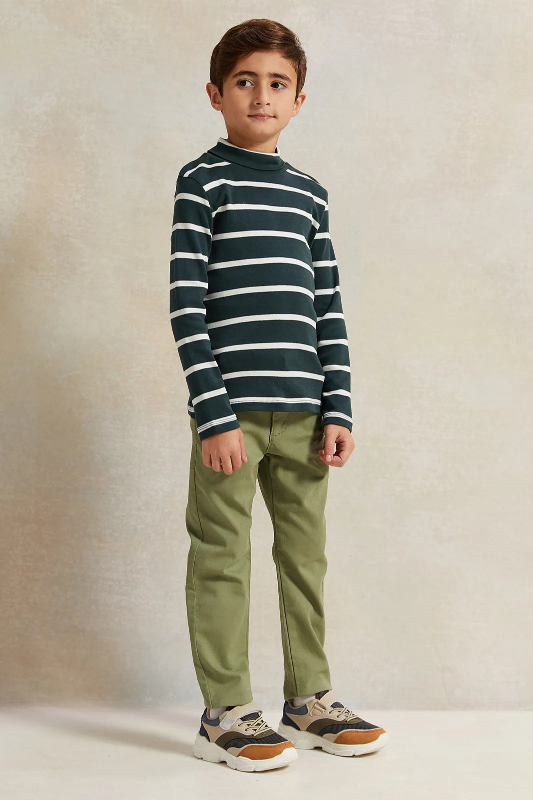 Boys Green And White Striped High-Neck T-Shirt