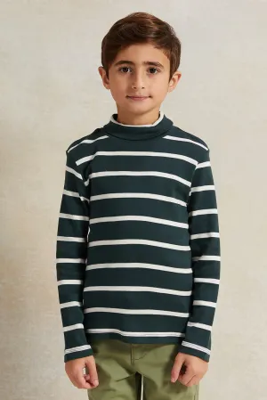 Boys Green And White Striped High-Neck T-Shirt