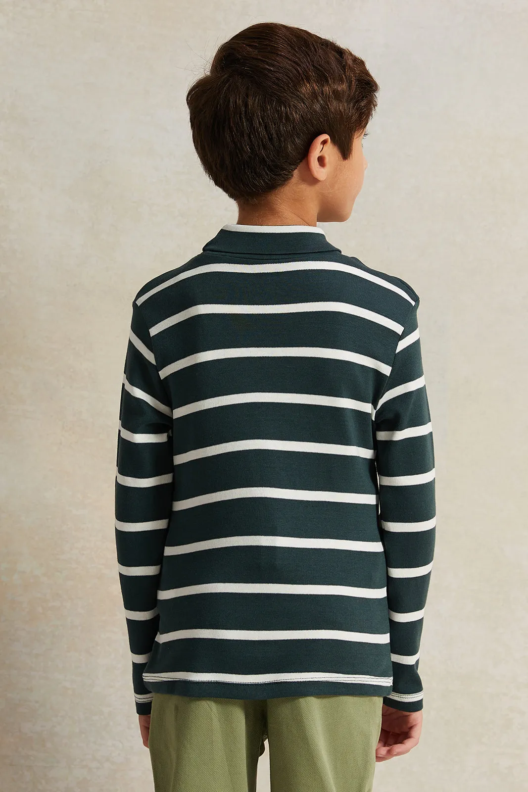 Boys Green And White Striped High-Neck T-Shirt