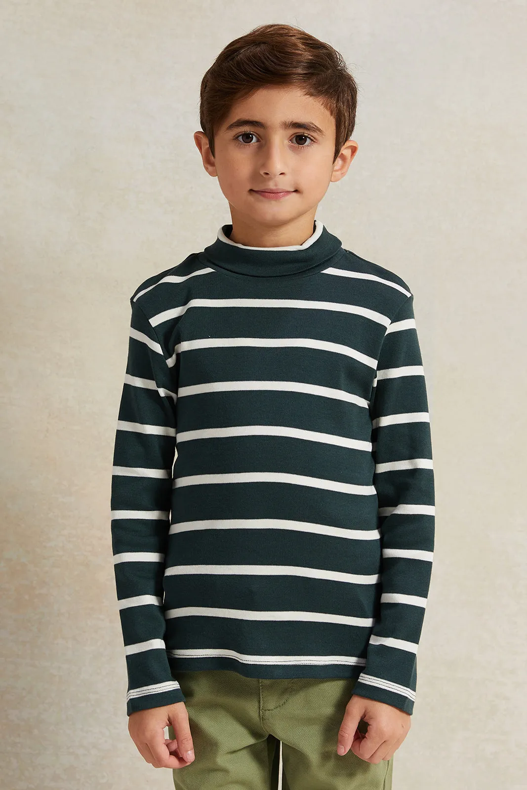Boys Green And White Striped High-Neck T-Shirt