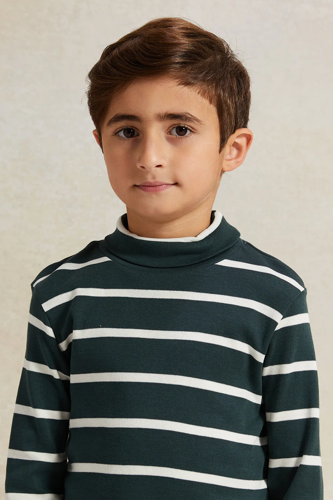 Boys Green And White Striped High-Neck T-Shirt