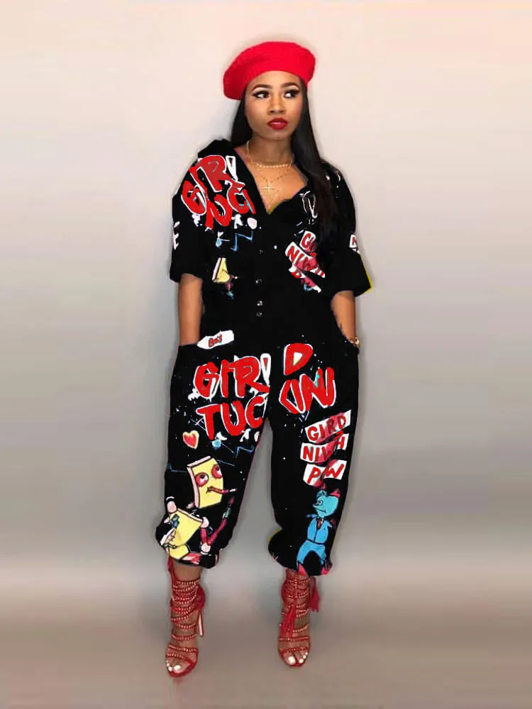 Cartoon Letter Print Button Loose Jumpsuits