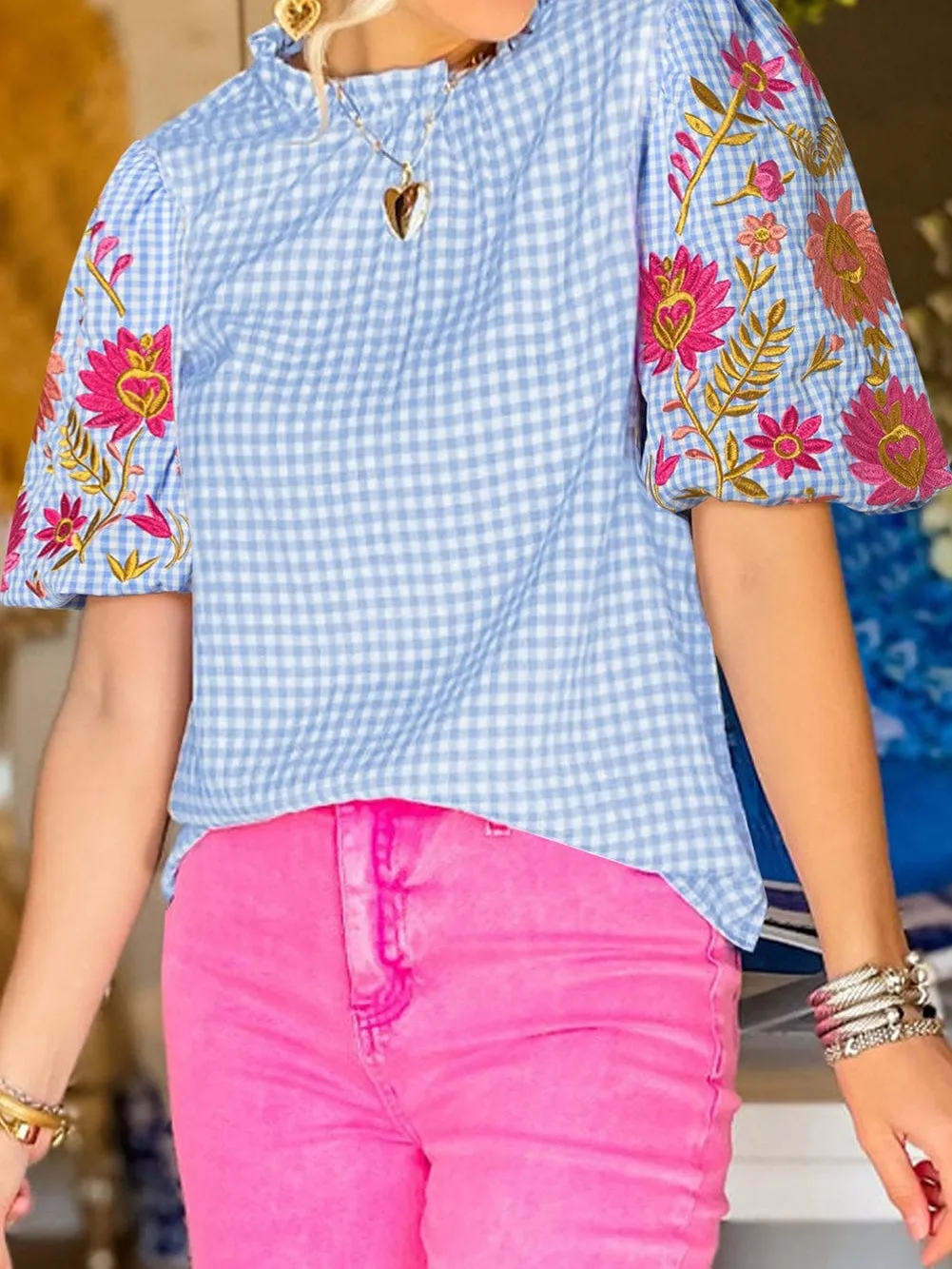 Casual Blue and White Gingham Top