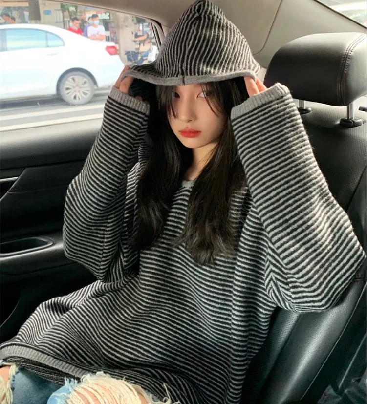 christmas outfit Sonicelife Vintage Knit Striped Hooded Sweater