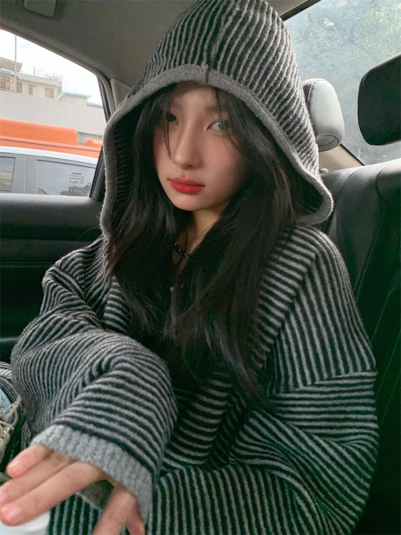 christmas outfit Sonicelife Vintage Knit Striped Hooded Sweater