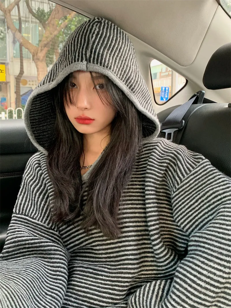 christmas outfit Sonicelife Vintage Knit Striped Hooded Sweater