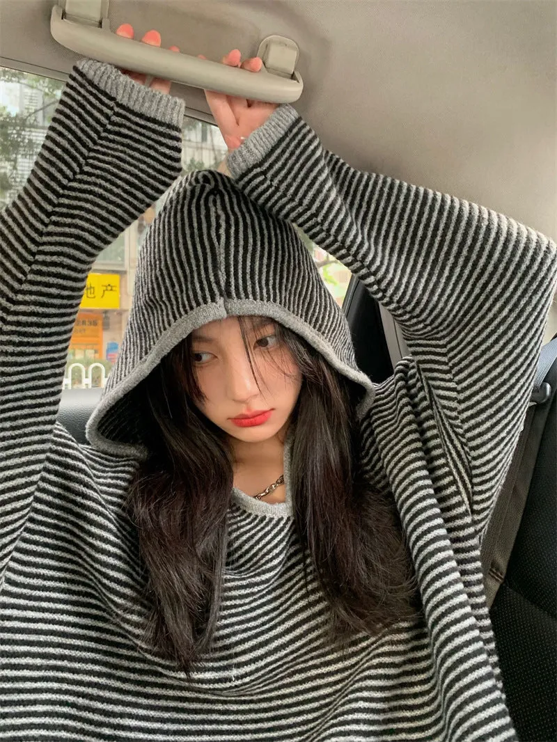 christmas outfit Sonicelife Vintage Knit Striped Hooded Sweater