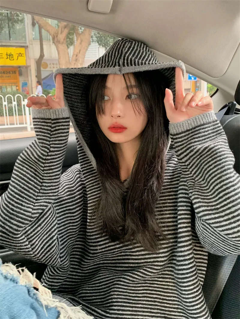 christmas outfit Sonicelife Vintage Knit Striped Hooded Sweater