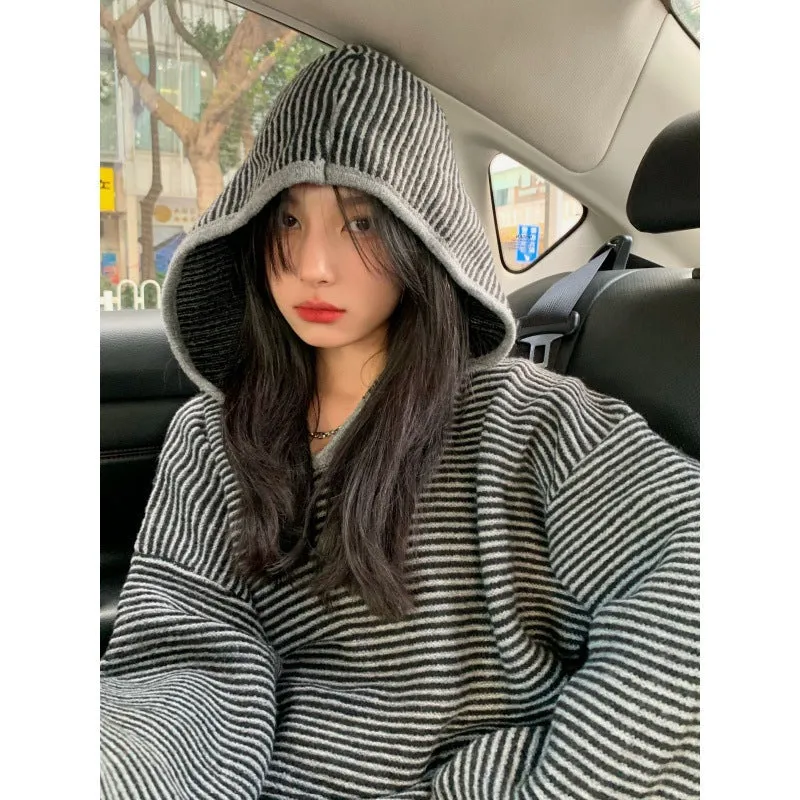 christmas outfit Sonicelife Vintage Knit Striped Hooded Sweater
