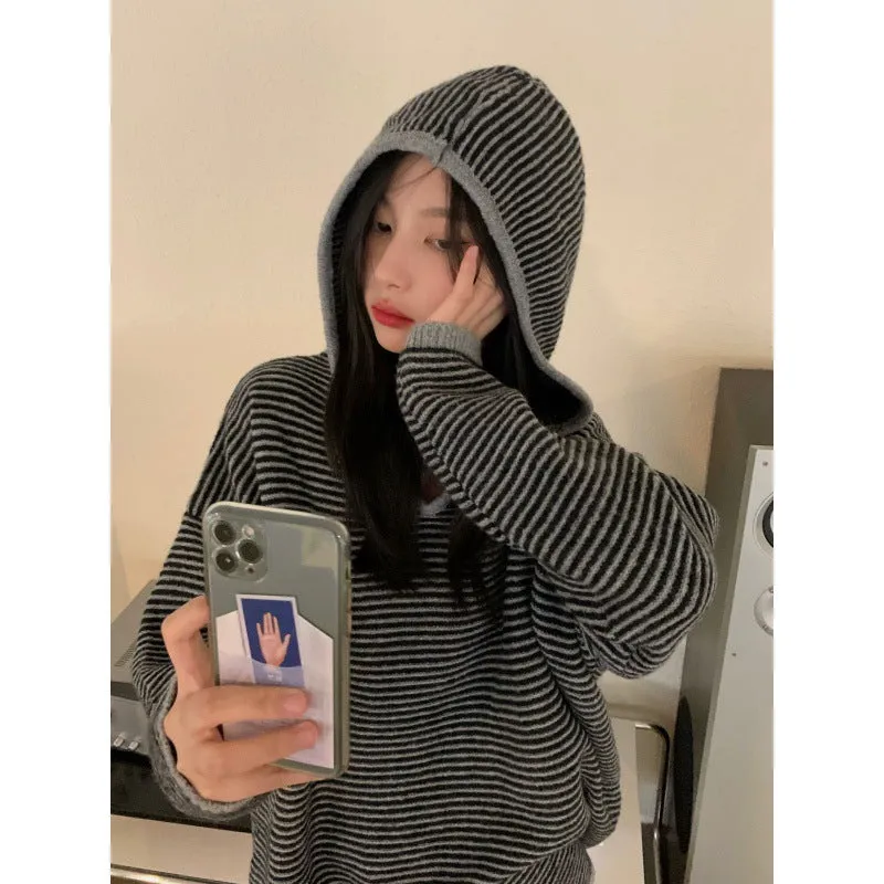 christmas outfit Sonicelife Vintage Knit Striped Hooded Sweater
