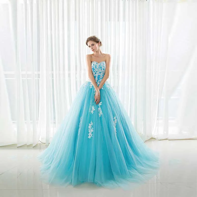 Cinderella Blue Lace Ball Gown Formal Evening Sweet Sixteen Dress EN901