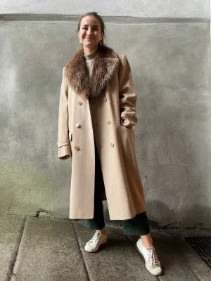 Classic 1980s Tan Overcoat with Fur Trim - L/XL