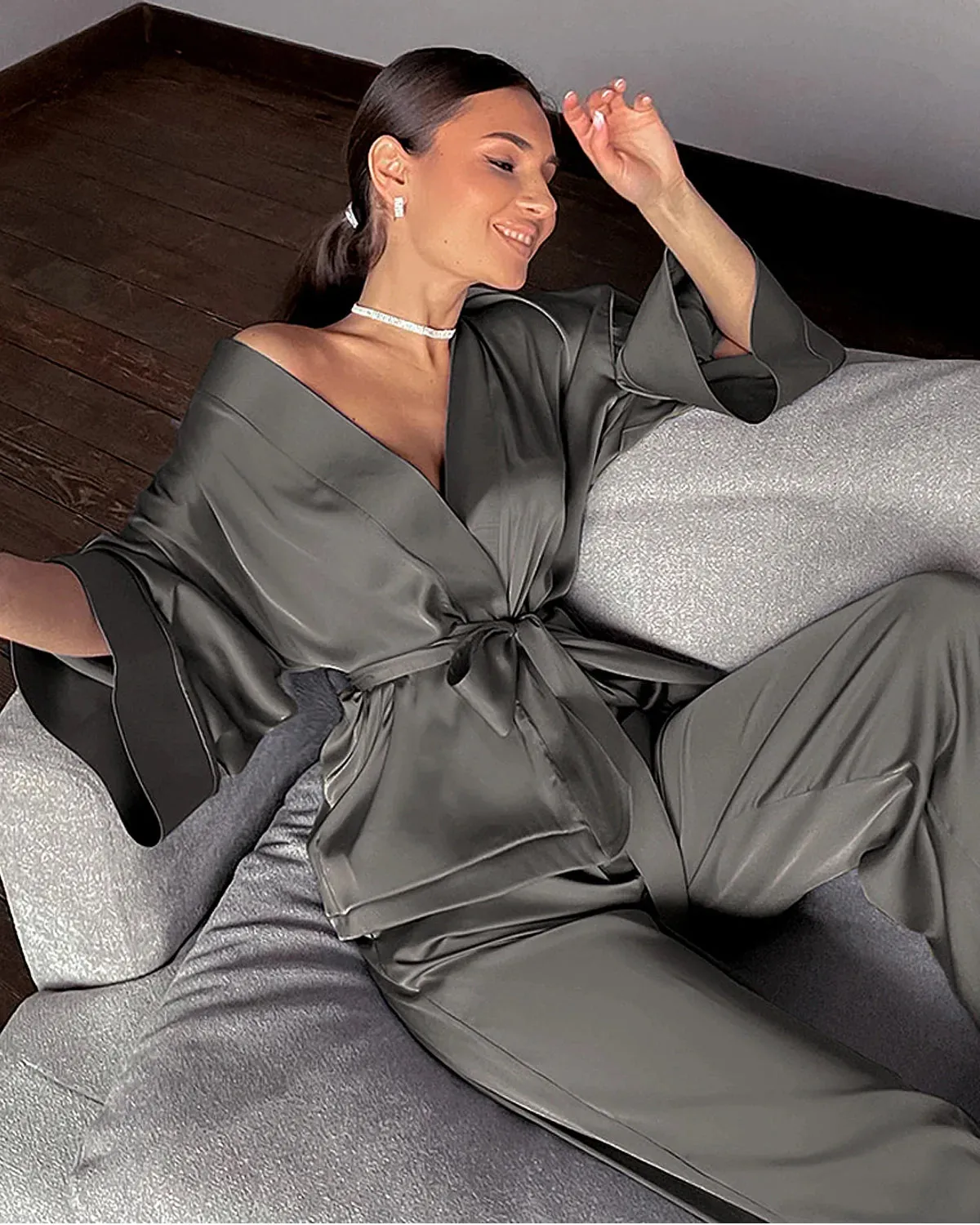 Classic Silk Robe and Pants Set for Women