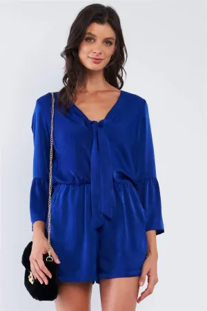 Cobalt Blue Satin Deep Plunge Self-Tie V-Neck Button Down Long Bluebell Sleeve Romper /2-2-2-1