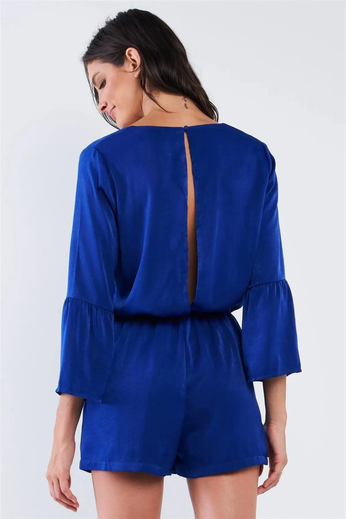Cobalt Blue Satin Deep Plunge Self-Tie V-Neck Button Down Long Bluebell Sleeve Romper /2-2-2-1