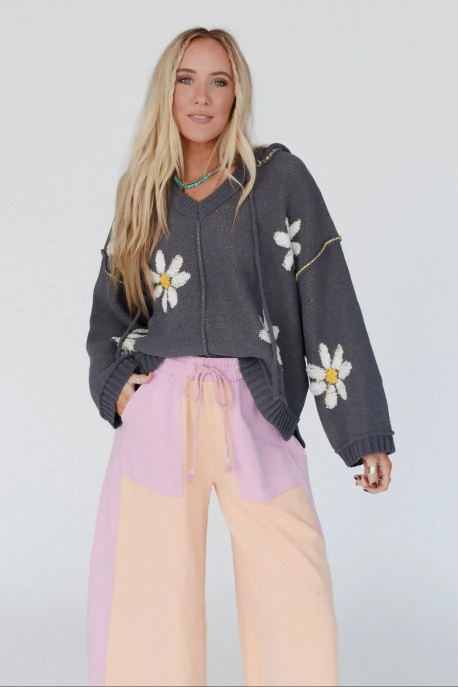 Daisy Belle Sweater Hoodie Top - Charcoal