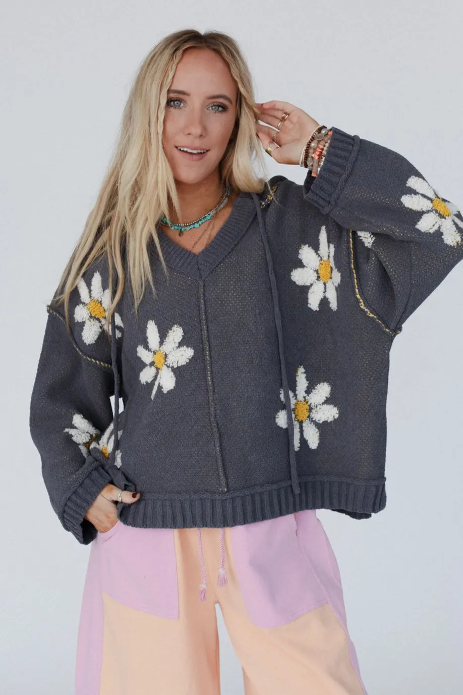 Daisy Belle Sweater Hoodie Top - Charcoal