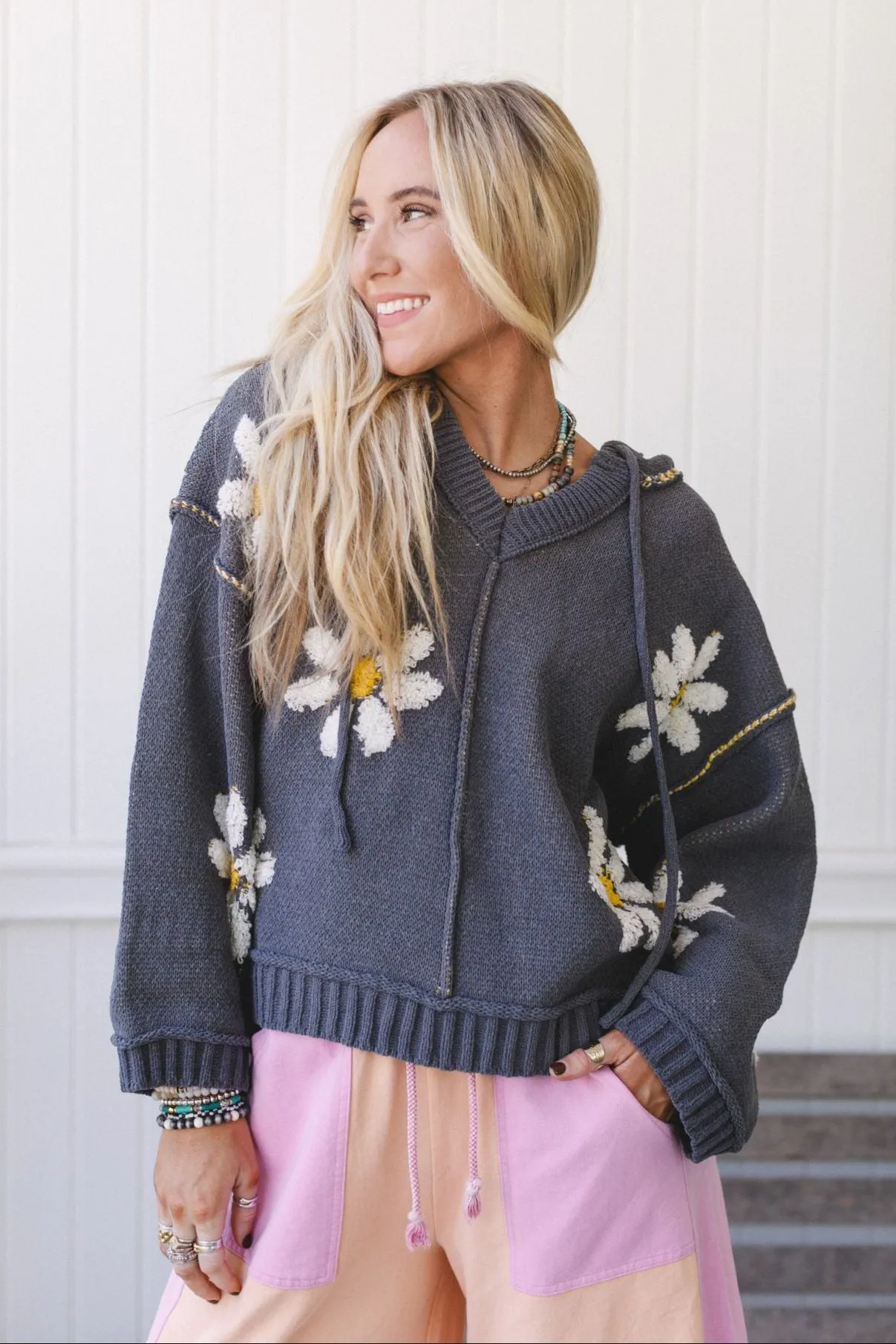 Daisy Belle Sweater Hoodie Top - Charcoal