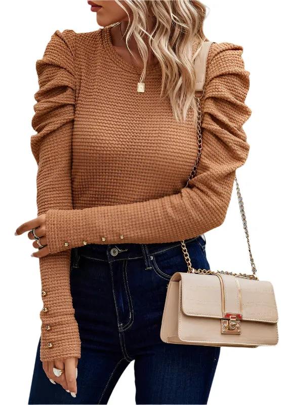 Decorative Button Round Neck Puff Sleeve Blouse