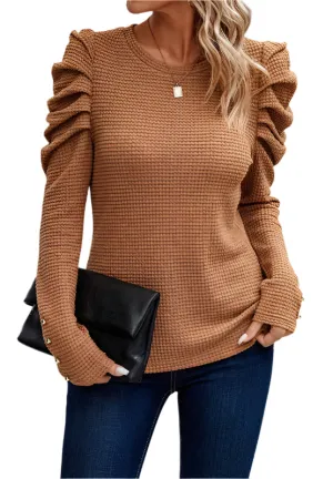 Decorative Button Round Neck Puff Sleeve Blouse