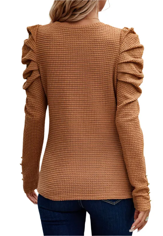 Decorative Button Round Neck Puff Sleeve Blouse