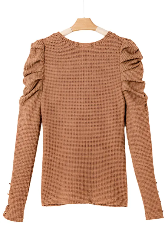 Decorative Button Round Neck Puff Sleeve Blouse
