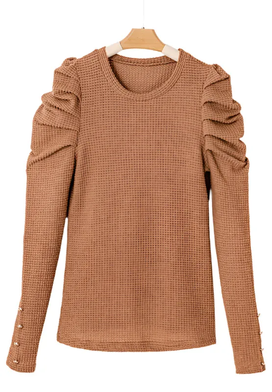 Decorative Button Round Neck Puff Sleeve Blouse