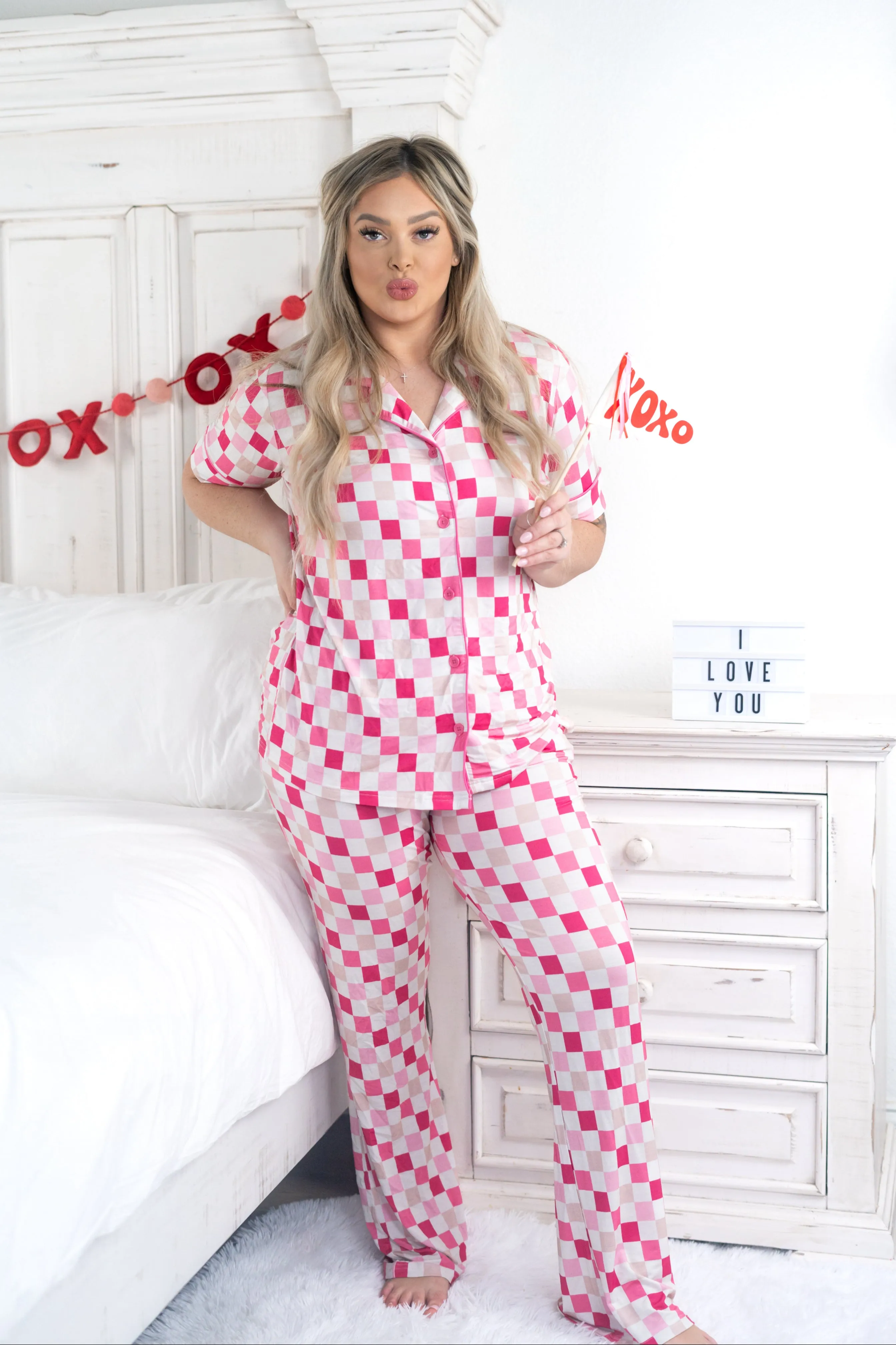 Dreamy Pink Checkers Women's Relaxed Flare Dream Set