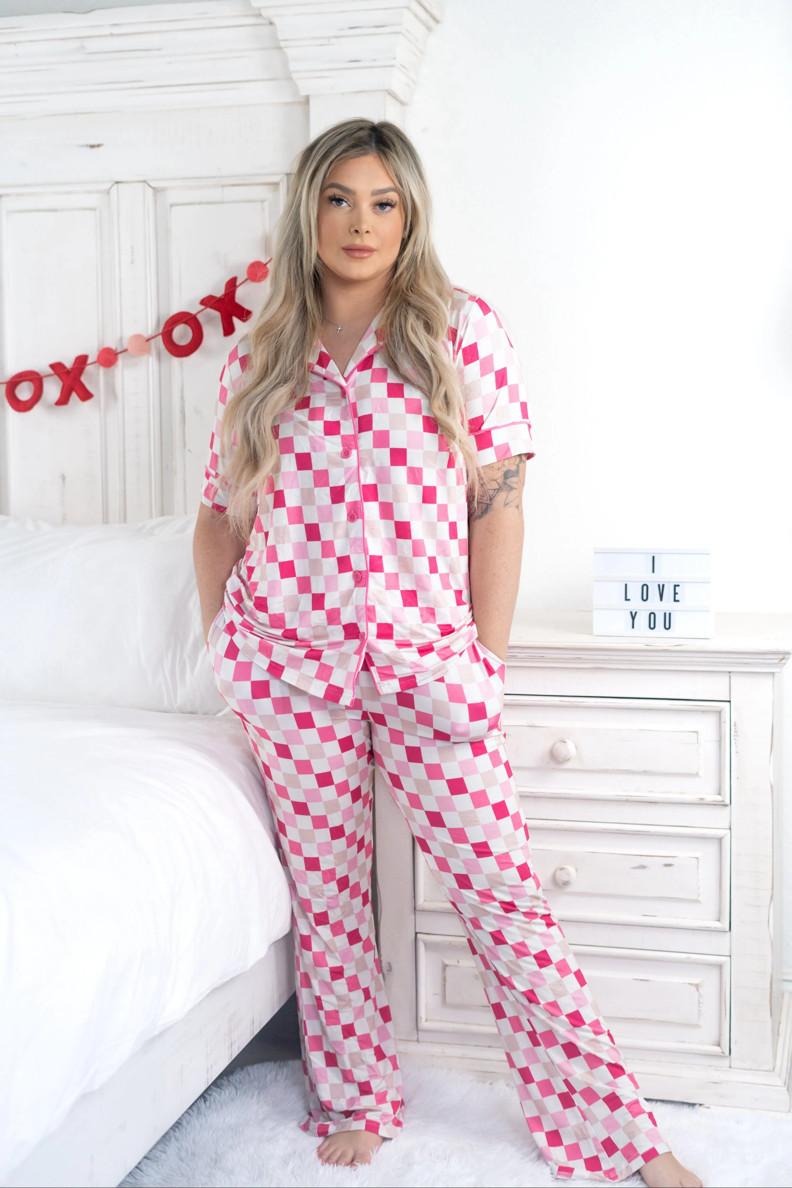 Dreamy Pink Checkers Women's Relaxed Flare Dream Set