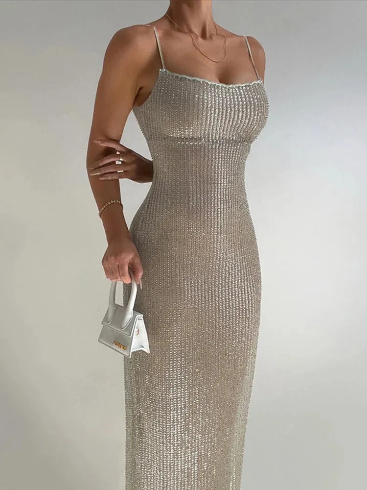 DressBetty - 2024 Elegant Glitter Sparkle Spaghetti Strap Sleeveless Maxi Dress