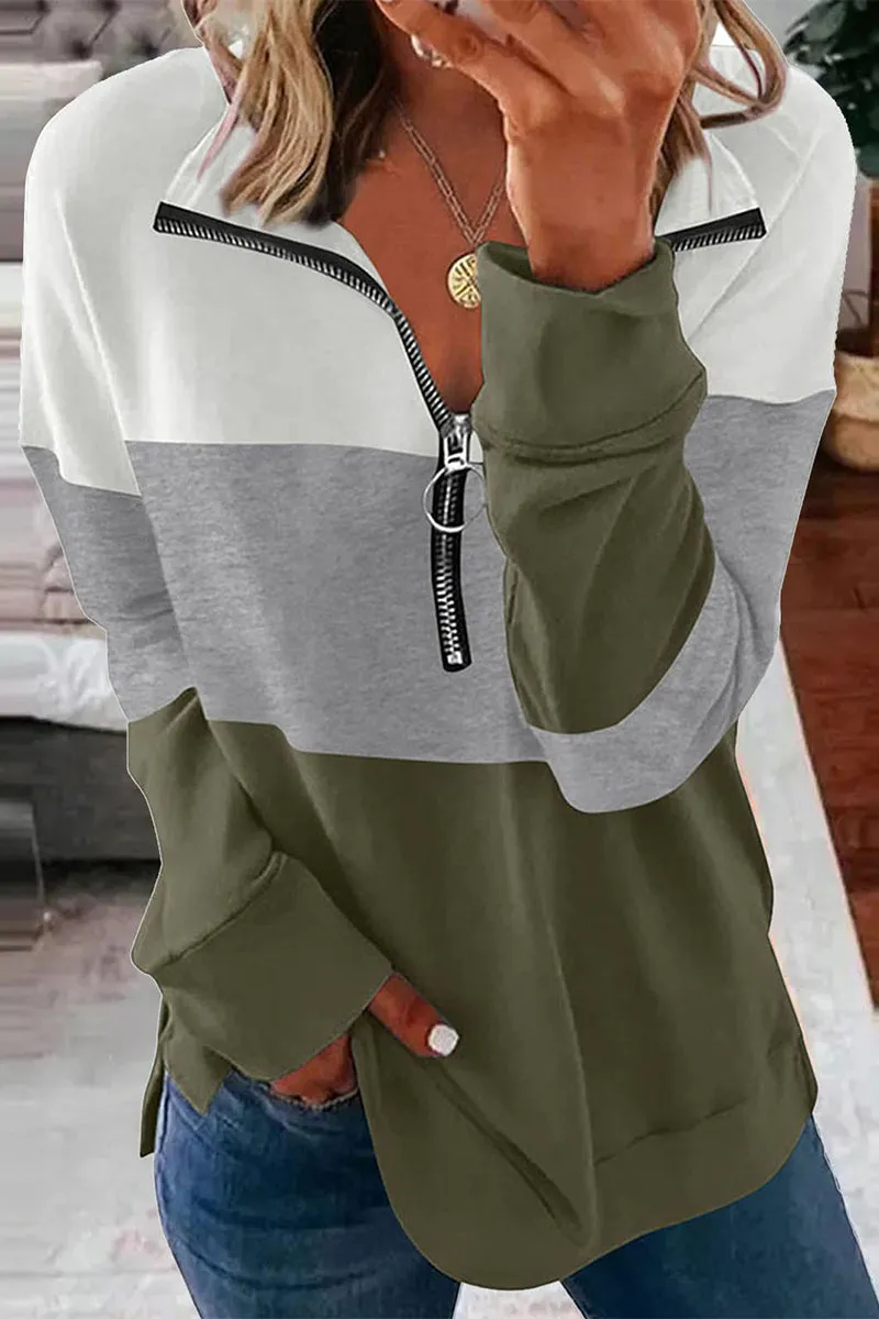 Fashion Leopard Color Block Patchwork Zipper Collar Tops