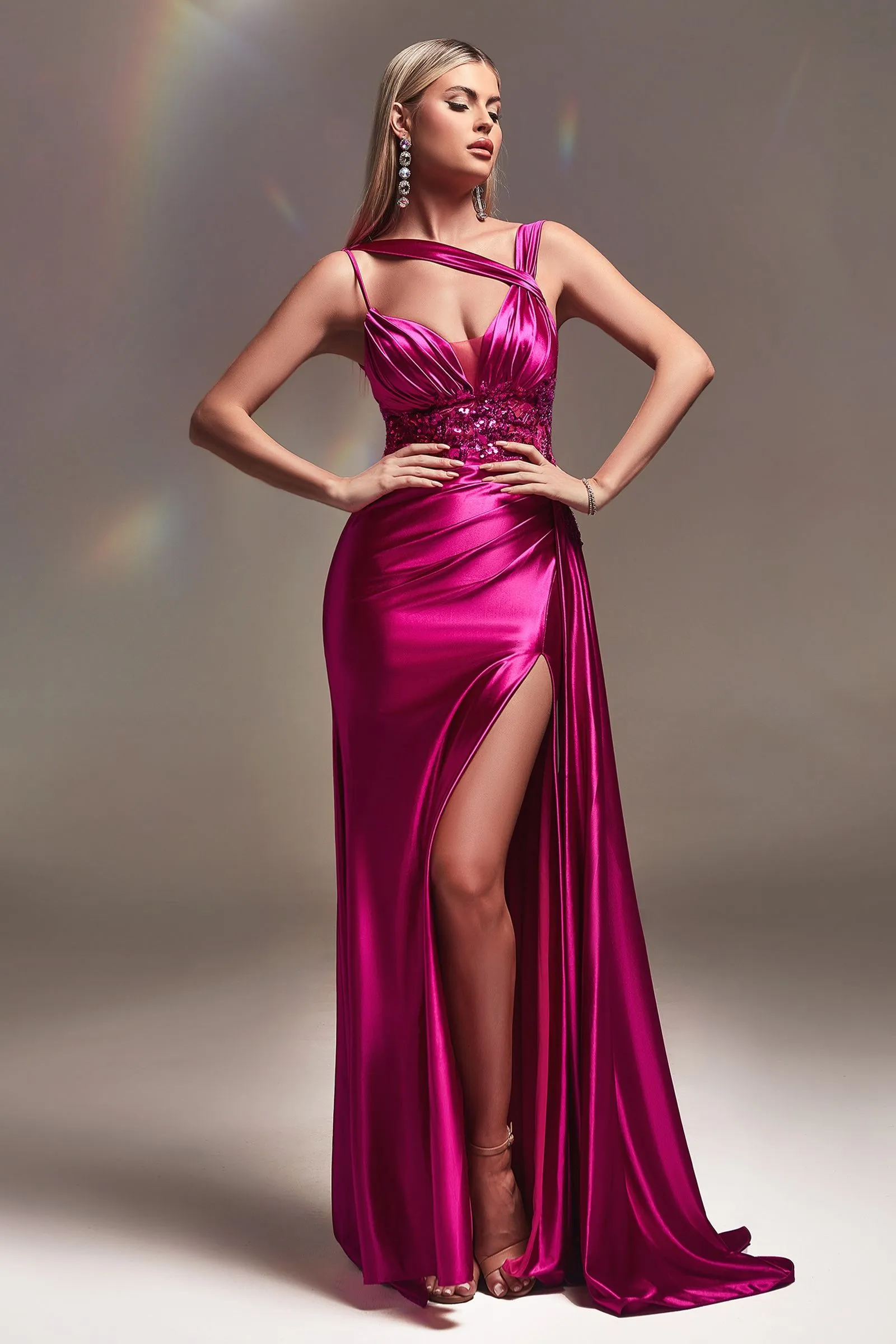 FITTED SATIN GOWN WITH LACE DETAIL CDCDS415