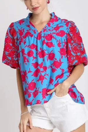 Floral Embroidered & Floral Print Puff Sleeve Top- Blue Mix