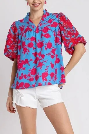 Floral Embroidered & Floral Print Puff Sleeve Top- Blue Mix