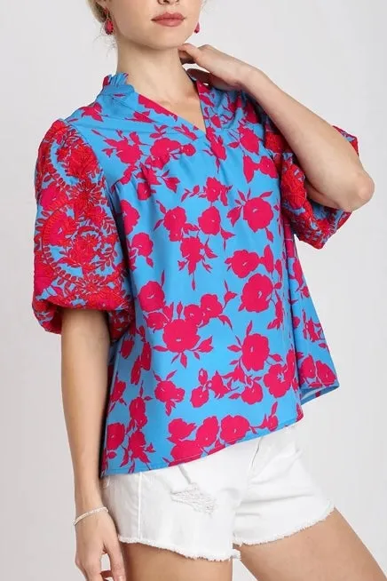 Floral Embroidered & Floral Print Puff Sleeve Top- Blue Mix