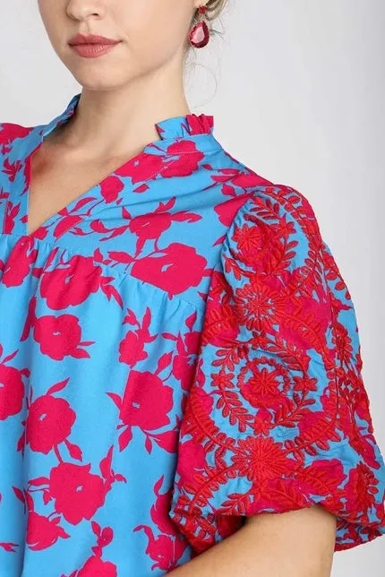 Floral Embroidered & Floral Print Puff Sleeve Top- Blue Mix