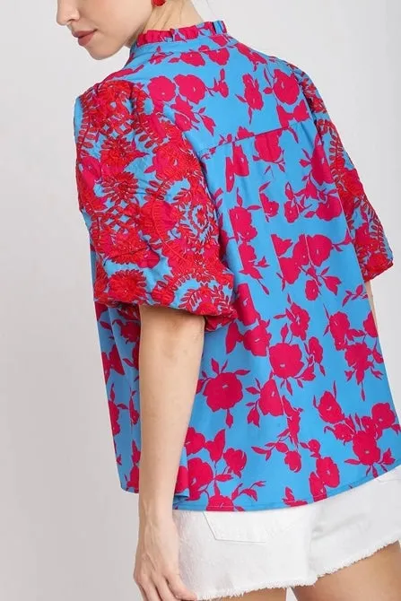Floral Embroidered & Floral Print Puff Sleeve Top- Blue Mix