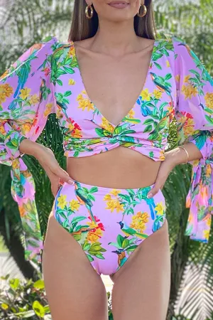 Floral Print Deep V Neck Lace-Up Romantic High Waist Bikini