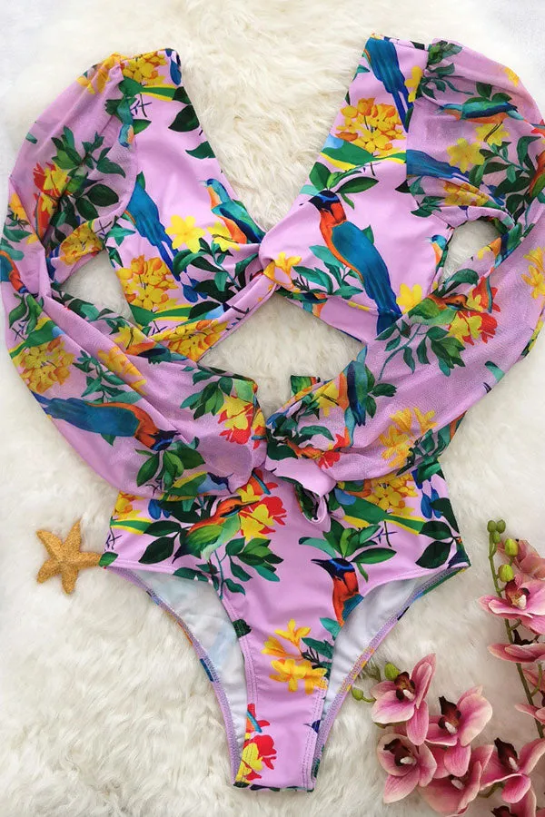 Floral Print Deep V Neck Lace-Up Romantic High Waist Bikini