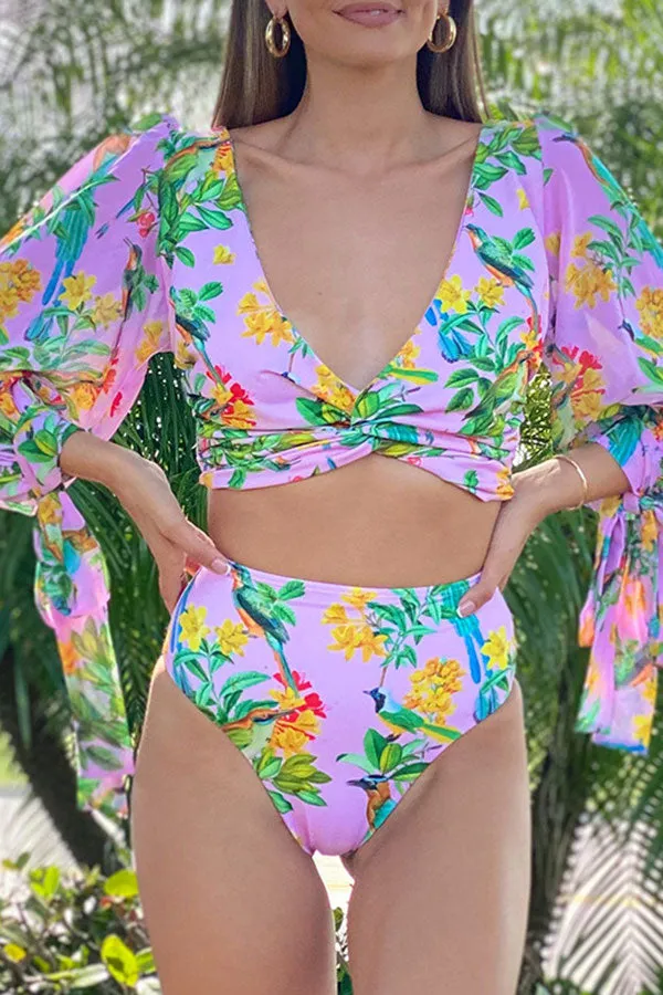 Floral Print Deep V Neck Lace-Up Romantic High Waist Bikini