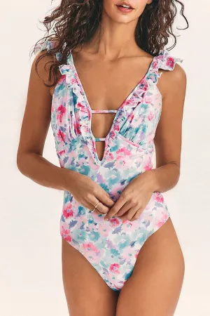 Floral Print  Romantic Ruffles One Piece Swimwear